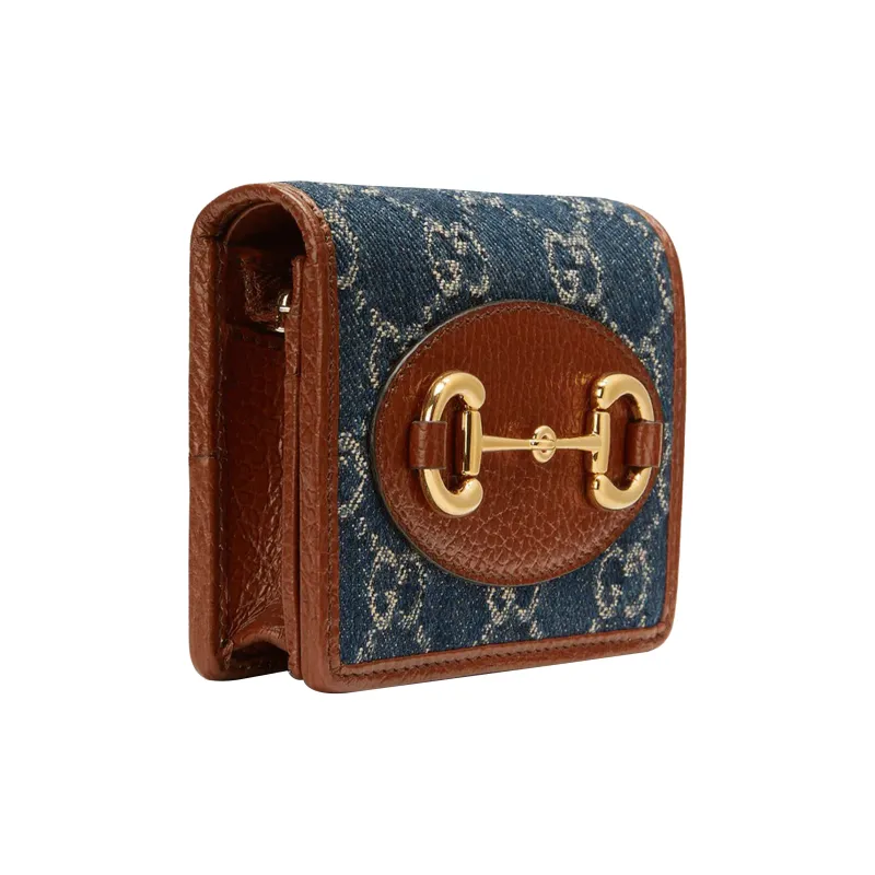 GUCCI Horsebit 1955 Canvas Wallet, Card Holder Women's Brown & Blue-1