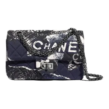 CHANEL 2.55 Print Cotton Fabric Mouth Cover Bag, Chain Bag, Crossbody Bag, Shoulder Bag Women's Blue & White