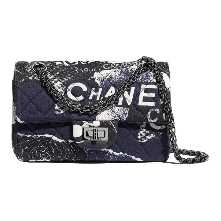 CHANEL 2.55 Print Cotton Fabric Mouth Cover Bag, Chain Bag, Crossbody Bag, Shoulder Bag Women's Blue & White-0