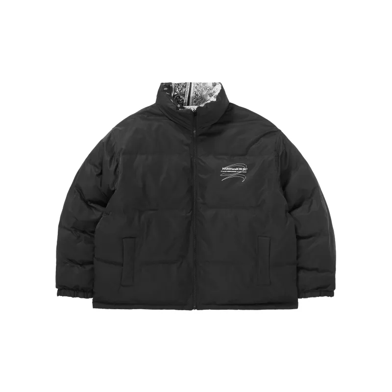 HARSH AND CRUEL Abstract Pattern Solid Color Stand Collar Loose Fit Thickened Puffer Jacket Unisex Black-2