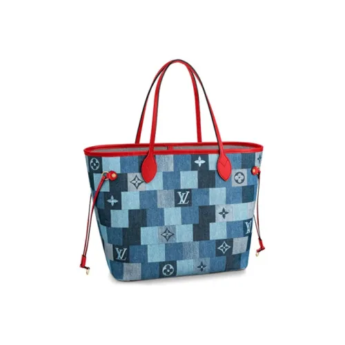 LOUIS VUITTON Neverfull MM Denim Monogram Check Blue/Red