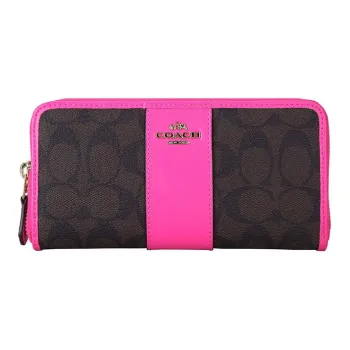 COACH Accordion Zip PVC Polyvinyl Chloride With Leather Wallet Women's Rose Red With Monogram