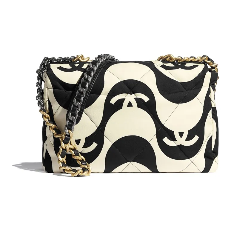 CHANEL 19Bag Print Fabric Metal Chain Flap Crossbody Portable One Shoulder Backpack Tubas Women's Black-1