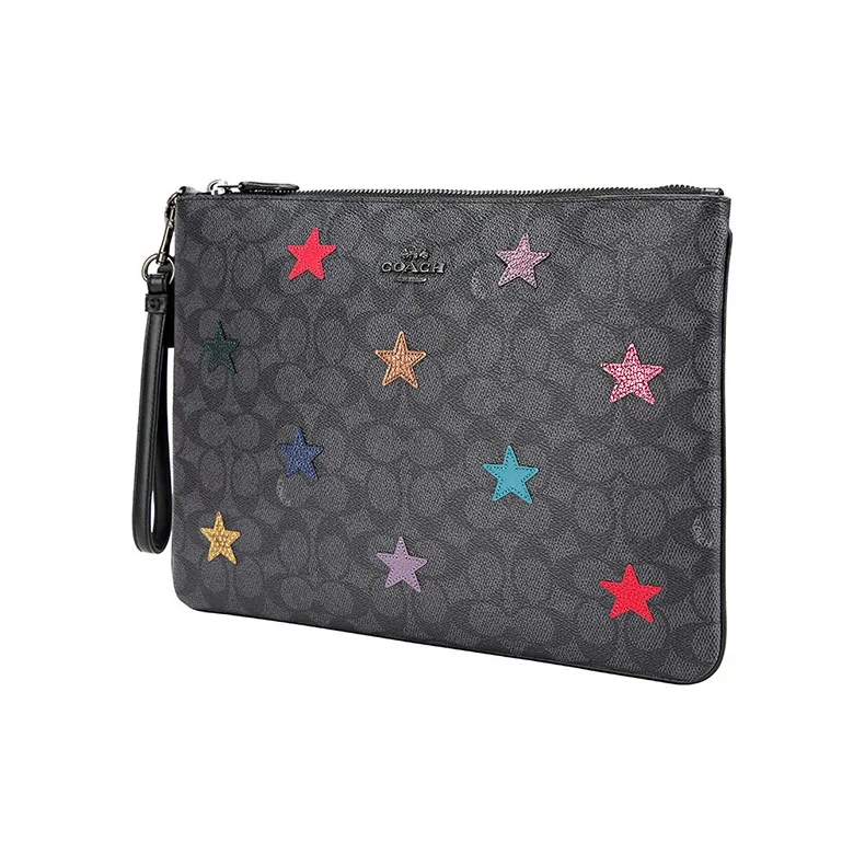 COACH Wristlet Canvas With Leather Clutch Large Size Men's Black Gray Color-1