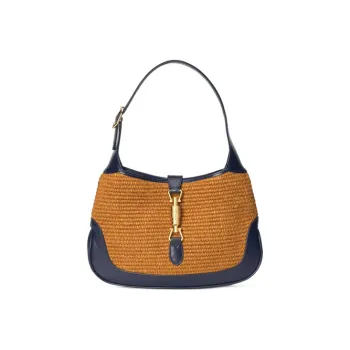 GUCCI Jackie 1961 Fabric With Leather Crescent Shoulder Bag Shoulder Bag Small Size Women's Brown Blue Multicolor