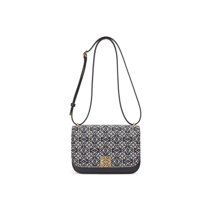 LOEWE Goya Jacquard Fabric With Calfskin Shoulder Bag Handbag Crossbody Bag Small Size Women's Marine Blue & Black-3