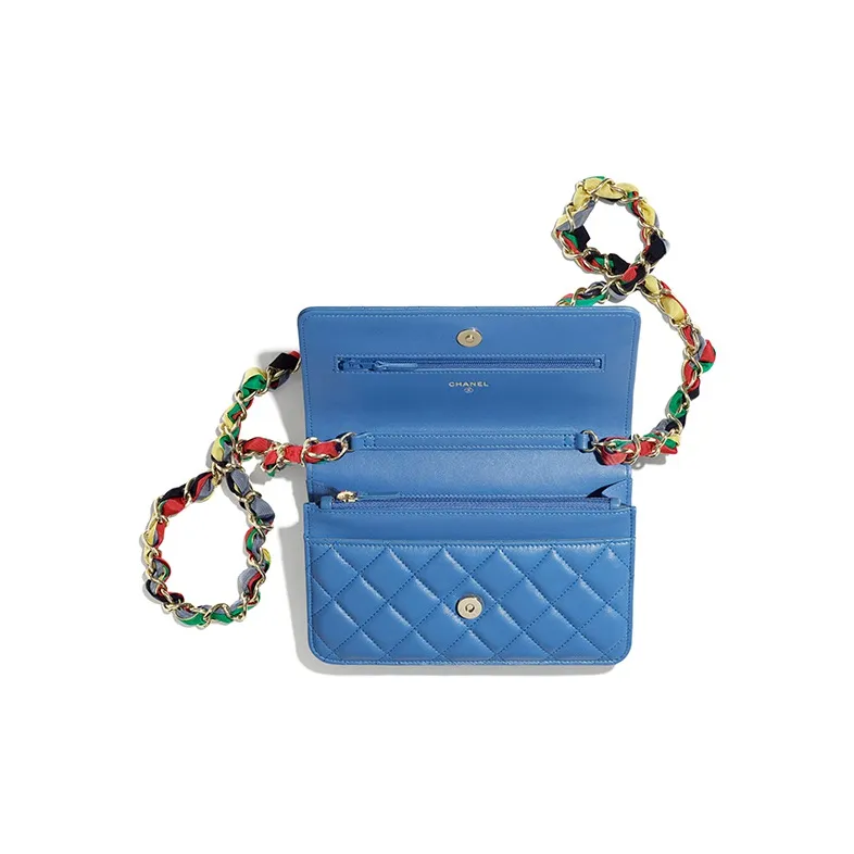 CHANEL Lambskin With Leather Strap Shoulder Bag, Crossbody Bag Women's Blue-3