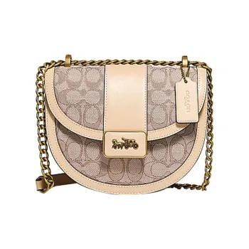 COACH Alie Canvas With Leather Saddle Bag, Shoulder Bag, Crossbody Bag Trumpets Women's Khaki White