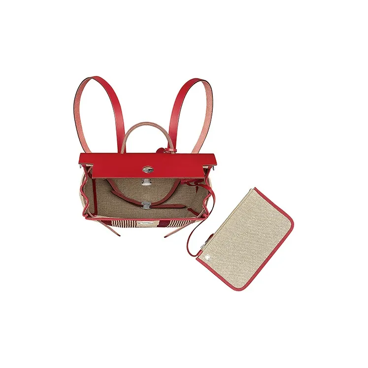 HERMES Herbag Zip Canvas With Leather Handbag Backpack Unisex Bordeaux Red/Light Taupe/Chili Red/Beige-3