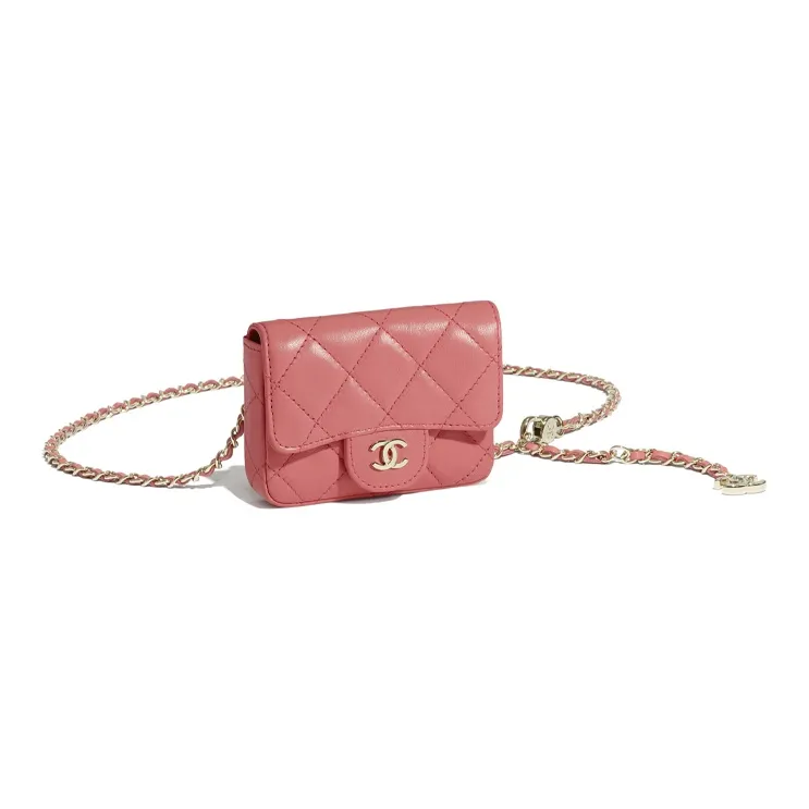 CHANEL Lambskin & Gold Metal Card Holder Waist Chain Fanny Pack Women's Coral-2