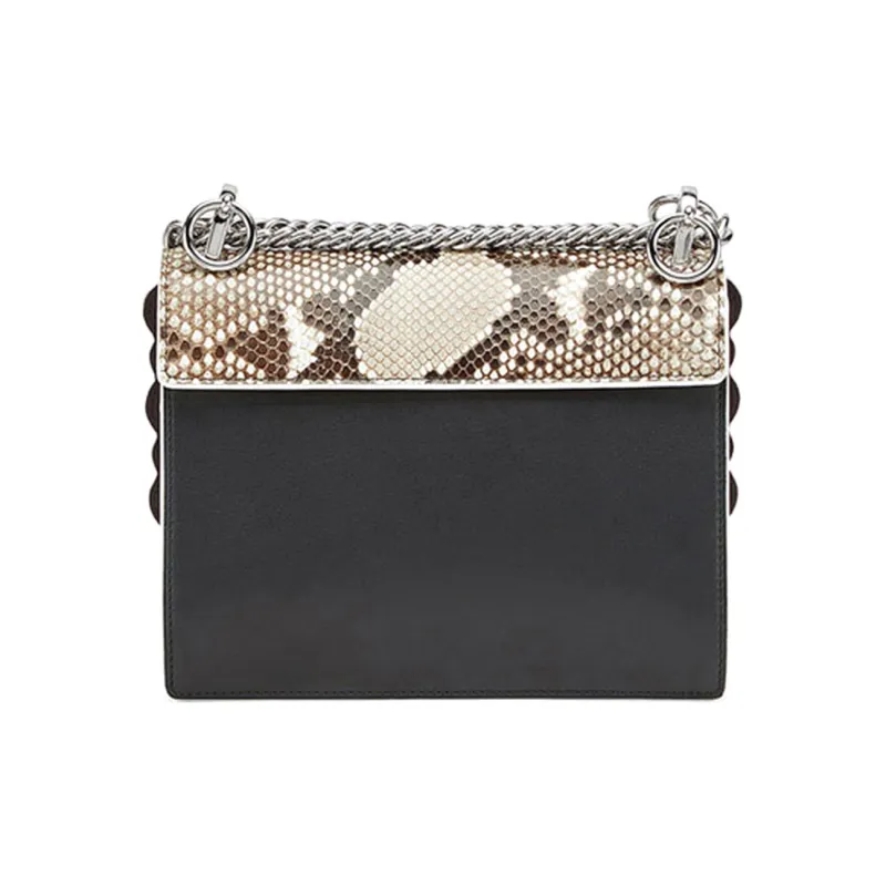 FENDI Kan I Snakeskin Print Leather Chain Shoulder Bag Crossbody Bag Small Size Women's Black-3