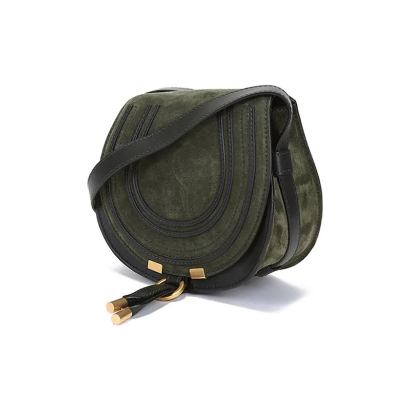 Chloe Marcie Suede Patchwork Shiny Calfskin Saddle Bag, Shoulder Bag, Crossbody Bag Mini Women's Night Forest Green-1