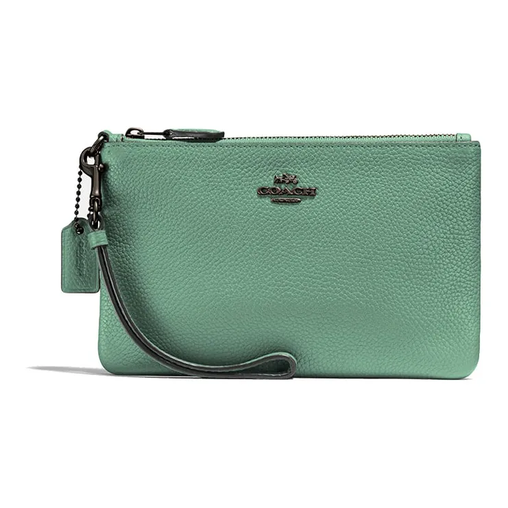 COACH Leather Wrist Bag Mahjong Bag Clutch Small Size Women's Cameo Brown Green-0