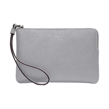 COACH Corner Zip Cross-Stitch Leather Mahjong Box Clutch Wrist Bag Small Size Women's Silver With Granite Gray Accents