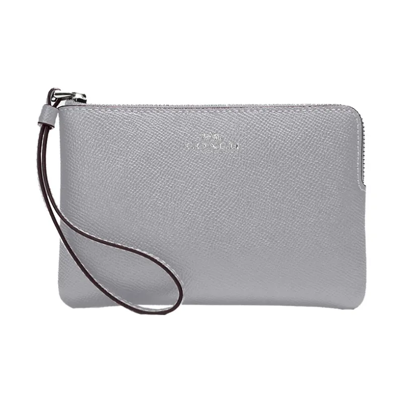 COACH Corner Zip Cross-Stitch Leather Mahjong Box Clutch Wrist Bag Small Size Women's Silver With Granite Gray Accents-0