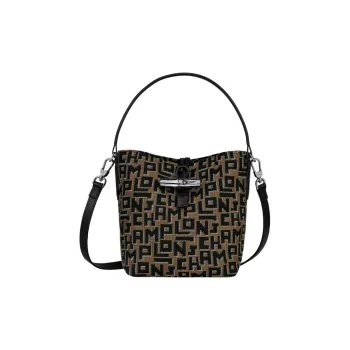 LONGCHAMP Roseau Polyester Bucket Bags One Shoulder Handbags Small Size Women's Black & Brown