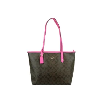 COACH City Zip Tote PVC Tote Bag, Handbag, Shoulder Bag Large Size Women's Dark Brown Monogram & Rose Red