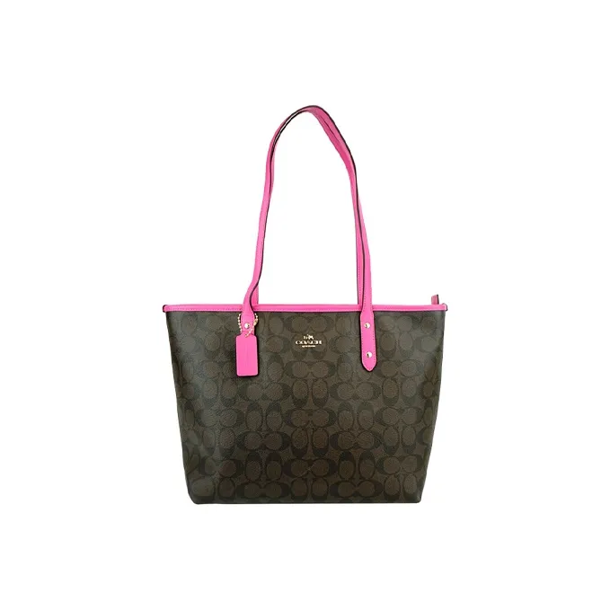 COACH City Zip Tote PVC Tote Bag, Handbag, Shoulder Bag Large Size Women's Dark Brown Monogram & Rose Red-0