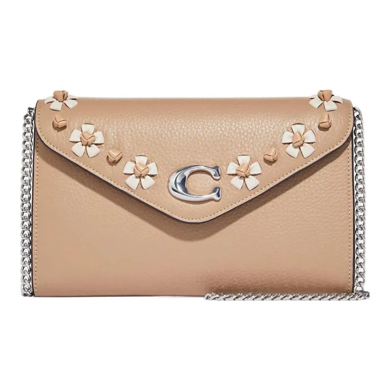 COACH Pebbled Leather Envelope Bag Crossbody Bags Small Size Women's Milk Tea Beige-0