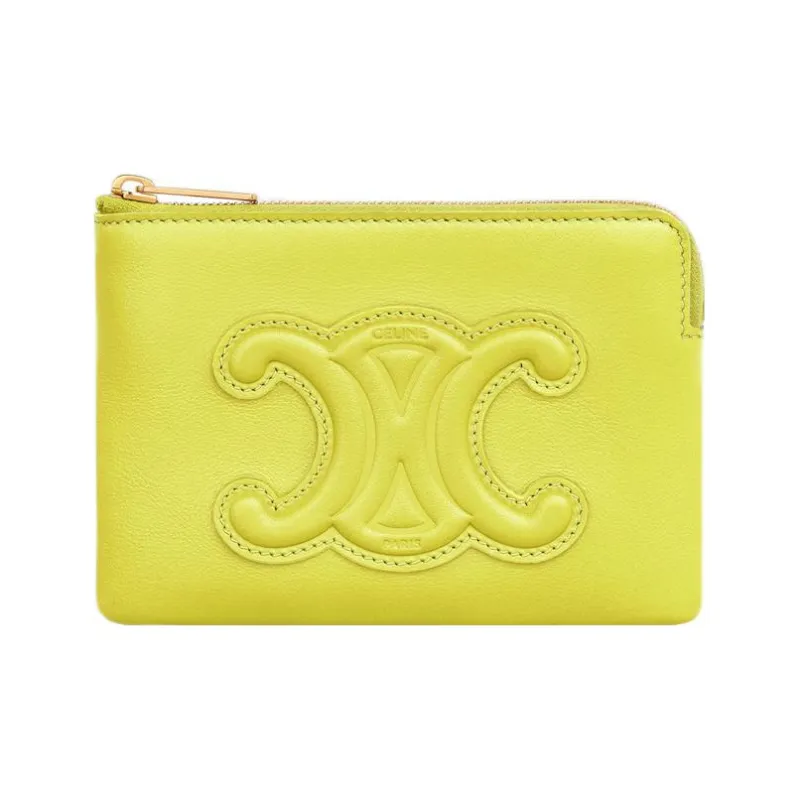 CELINE Triomphe Arc De Triomphe Smooth Cow Leather Wallet Card Holder Coin Purse Women's Fluorescent Yellow-0