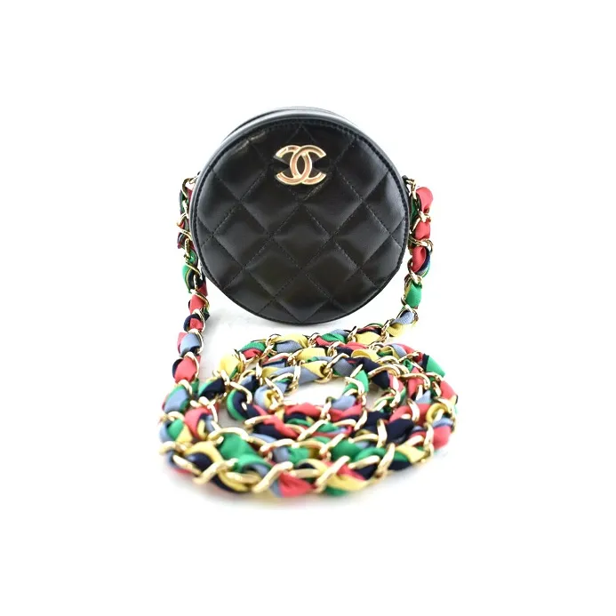 CHANEL Shiny Lambskin & Ribbon & Metal Round Bag, Shoulder Bag, Crossbody Bag Women's Black-1