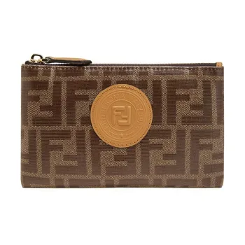 FENDI Coated Canvas With Leather Clutch Coin Purse Women's Brown