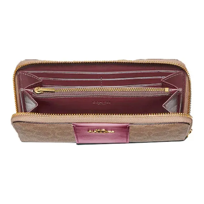 COACH Accordion Zip Canvas With Cow Leather Wallet Women's Brown & Rose Pink-2