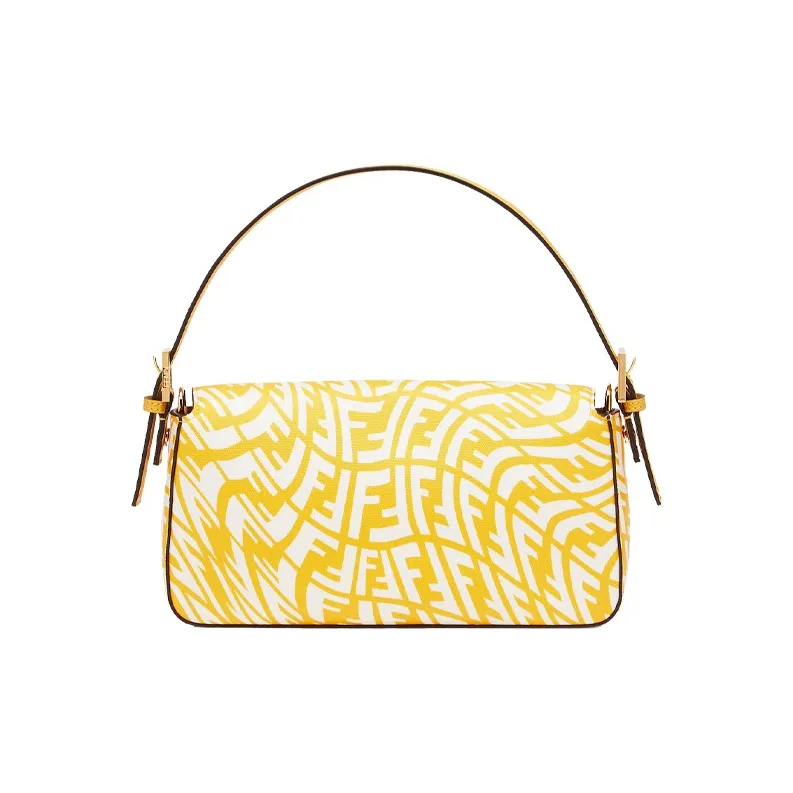 FENDI Baguette Glossy Canvas With Leather Baguette Shoulder Bag, Handbag Shoulder Bag Women's Yellow-2
