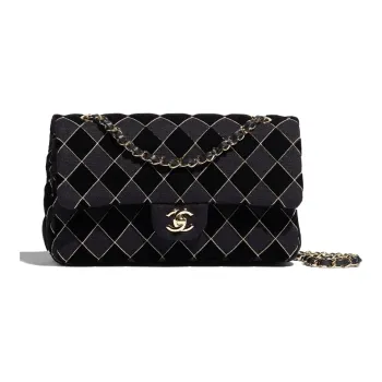CHANEL Classic Flap CF Velour Metal Shoulder Bag, Crossbody Bag Women's Black/Gray