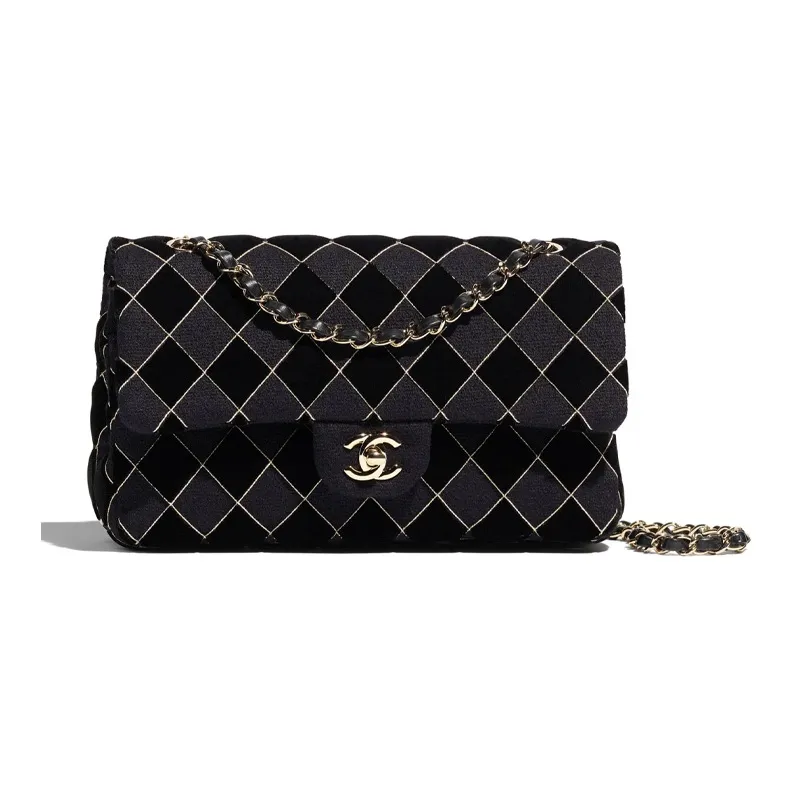 CHANEL Classic Flap CF Velour Metal Shoulder Bag, Crossbody Bag Women's Black/Gray-0