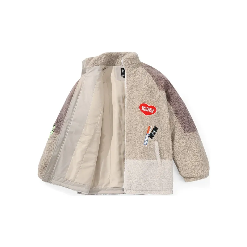 Bt Letter Colorblock Geometric Pattern Stand Collar Loose Fit Puffer Jacket Unisex Khaki-3