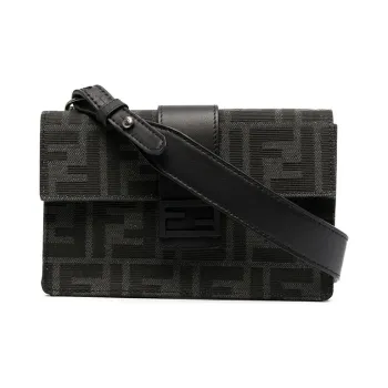 FENDI Jacquard Canvas With Leather Canvas Bag, Baguette Bag, Clutch, Crossbody Bag Regular Men's Black/Dark Gray