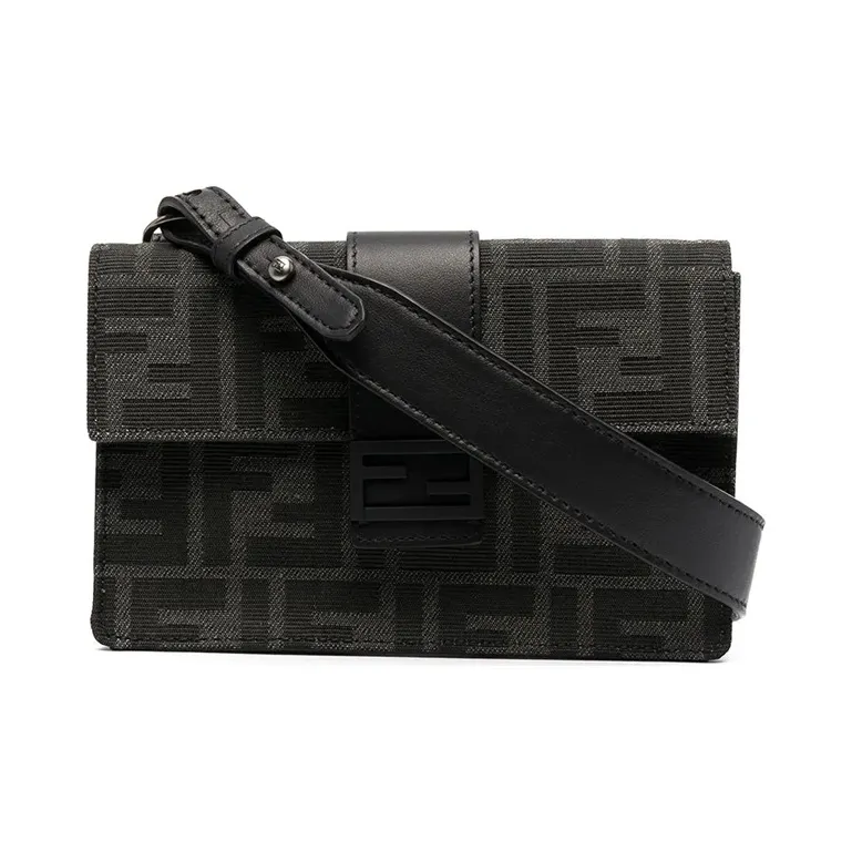 FENDI Jacquard Canvas With Leather Canvas Bag, Baguette Bag, Clutch, Crossbody Bag Regular Men's Black/Dark Gray-0