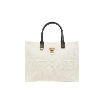 VERSACE La Medusa Canvas Tote Bag, Shopping Bag, Tote Handbag Large Size Women's White