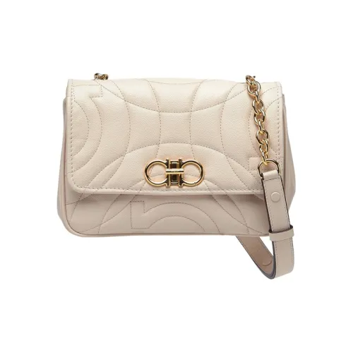 FERRAGAMO GANCINI Calfskin Flap Bag Shoulder Bag Crossbody Bag Small Size Women's Beige