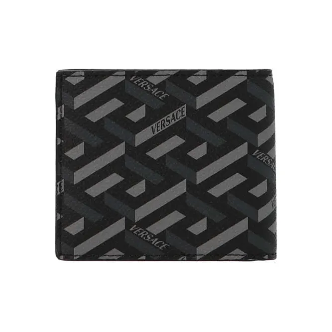 VERSACE Leather Leather Clip Card Holder Wallet Men's Black Gray Color-0