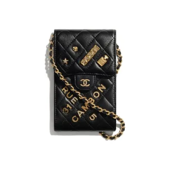 CHANEL Sheepskin & Metal One Shoulder Crossbody Cell Phone Pouch Mini Women's Black/Gold