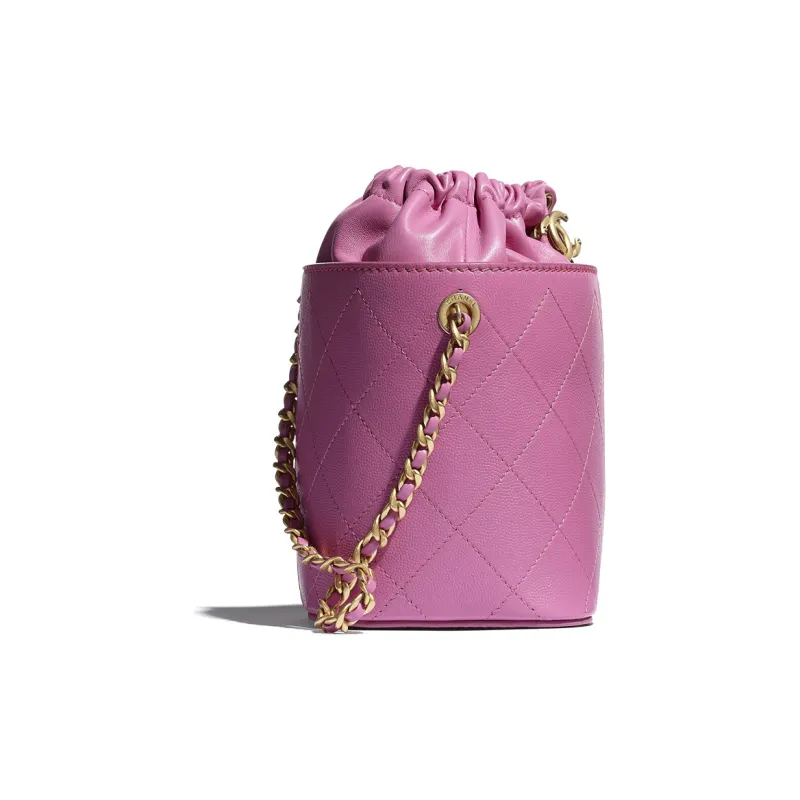 CHANEL Drawstring Grain Lambskin, Smooth Lambskin, And Gold Metal Bucket Bag, Drawstring Bag Women's Purple-3