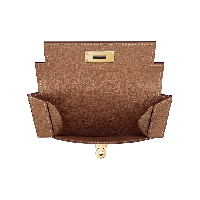 HERMES Kelly Pocket Mysore Goat Skin Short Wallet Women's 2J Quebracho Sparrow Wood Color-2