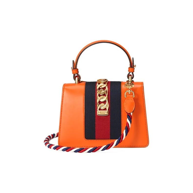 GUCCI Sylvie Leather Shoulder Bag Crossbody Bag Handbag Mini Women's Orange-4