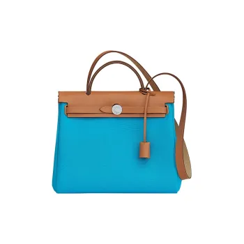 HERMES Herbag Canvas With Hunter Cow Leather Handbag Shoulder Bag Crossbody Bag Women's Aztec Blue/Mint Green/Natural