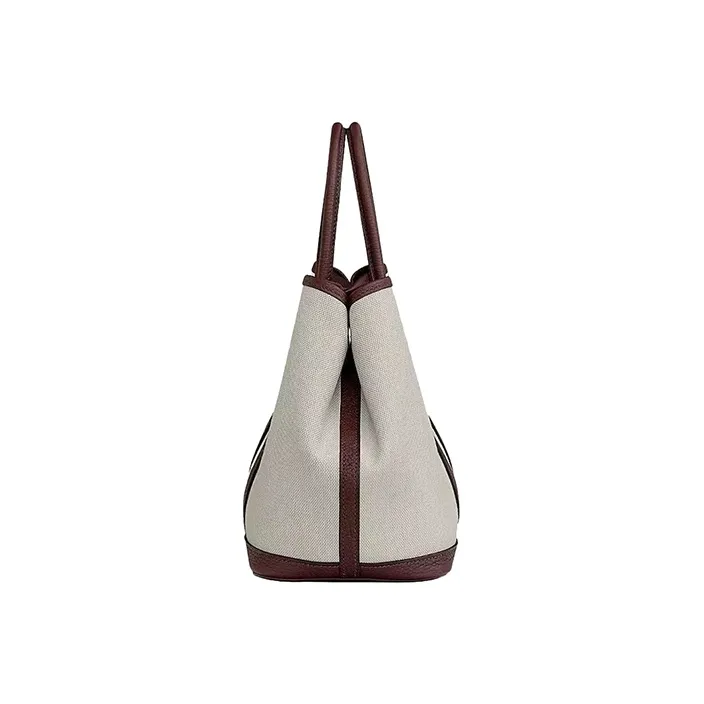 HERMES Garden Party Fabric With Leather Garden Bag Handbag Women's Oat & Bordeaux Burgundy-1