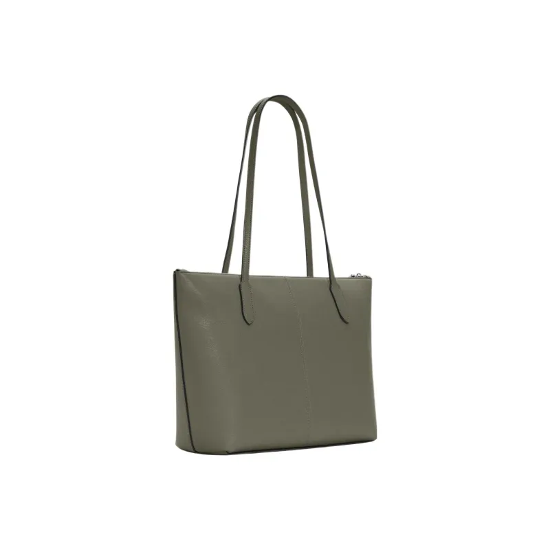 COACH Zip Top Tote Pebbled Leather Tote Bag, Shopping Bag, Handbag, Shoulder Bag Women's Army Green-2
