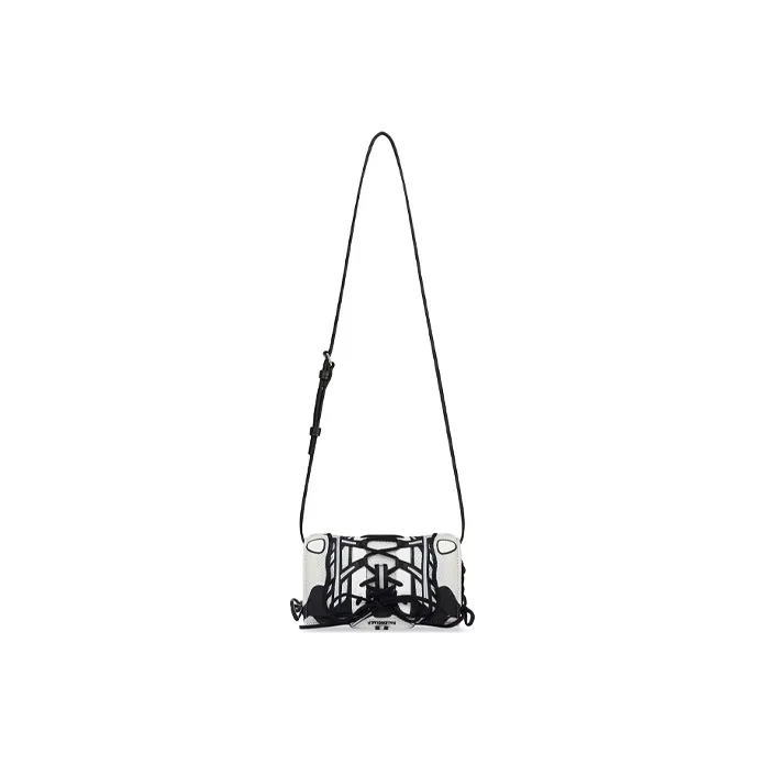Balenciaga Fabric With Leather Lace Up One Shoulder Crossbody Cell Phone Pouch Small Size Women's White & Black-2