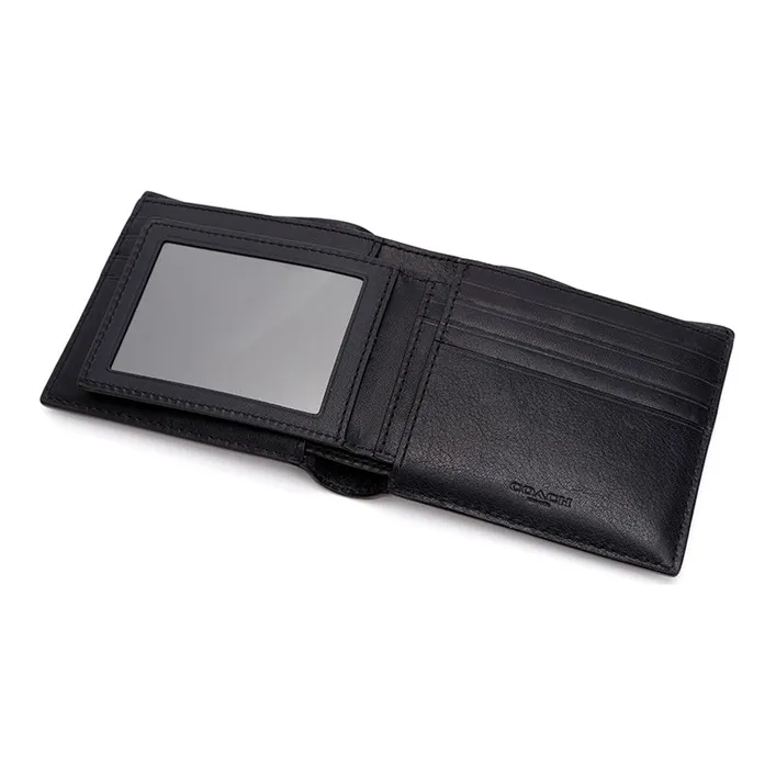 COACH Compact Cow Leather Bifold Flap Wallet Men's Black-5
