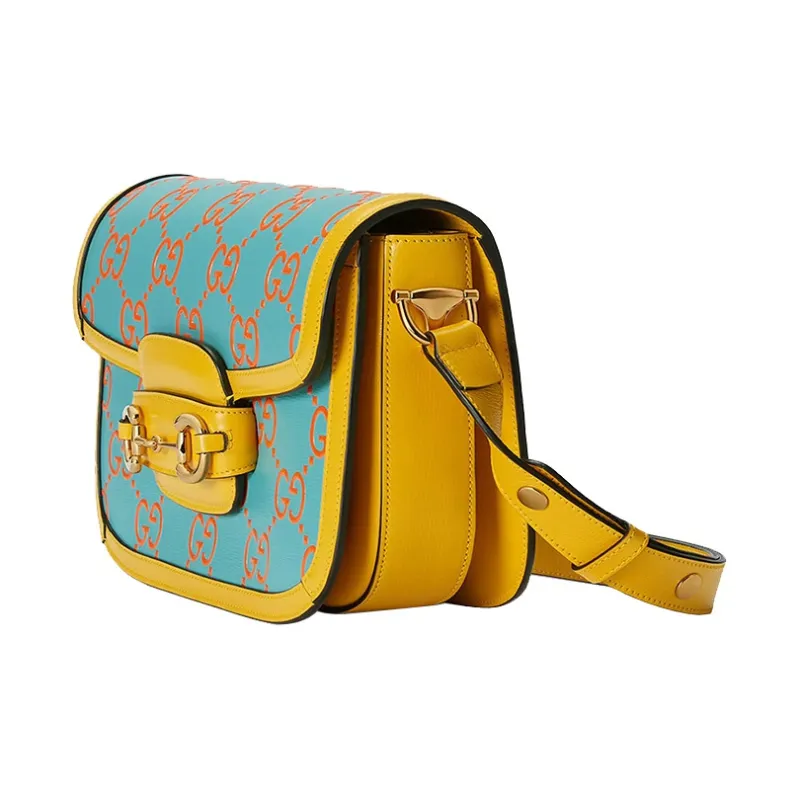 GUCCI Horsebit 1955 Leather Saddle Bag Shoulder Bag Crossbody Bag Handbag Regular Women's Sky Blue Multicolor Yellow-1