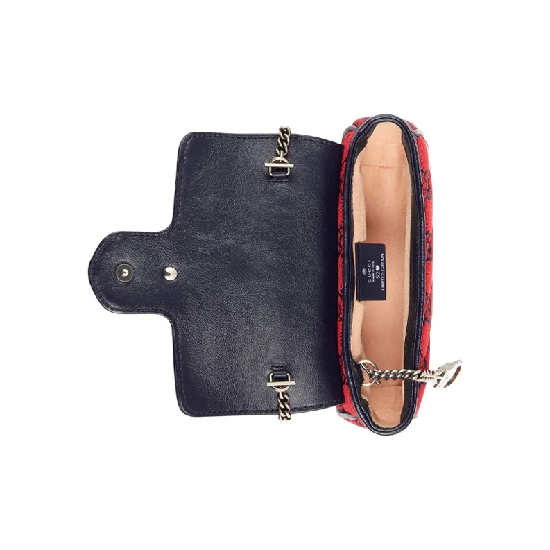 GUCCI Marmont Multicolor Leather Trim, Embroidered Canvas Chain Shoulder Bag, Crossbody Bag Mini Women's Red/Dark Blue-6