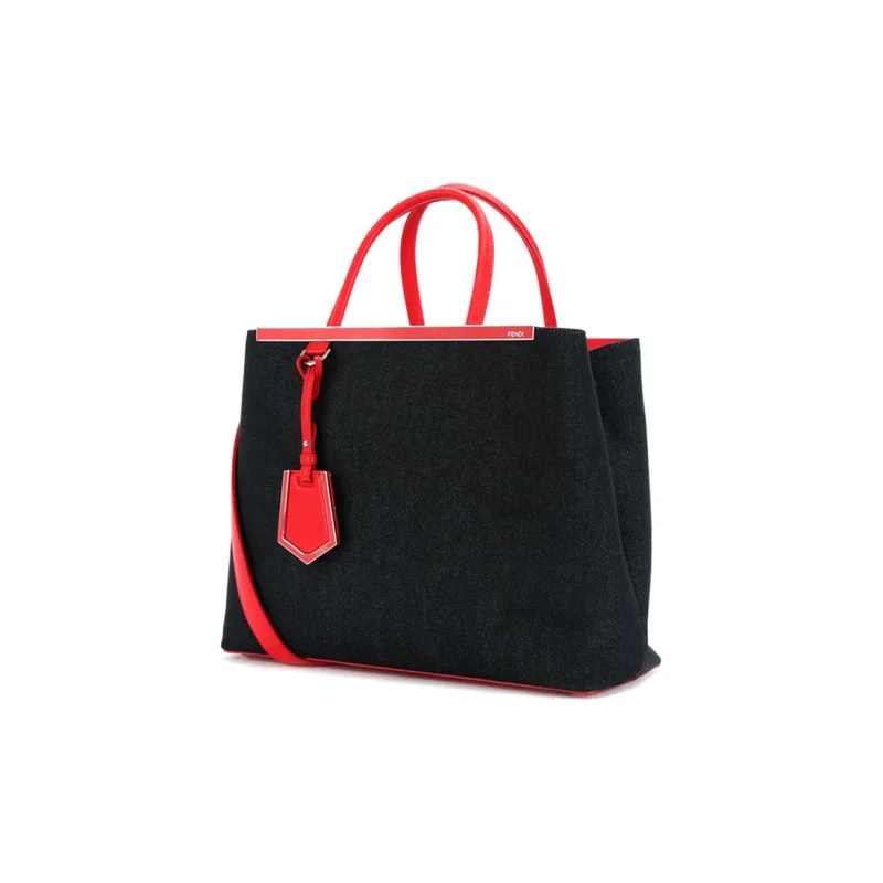 FENDI Denim With Leather Tote Bag Shopping Bag Shoulder Bag Crossbody Bag Handbags Medium Size Women's Black-1