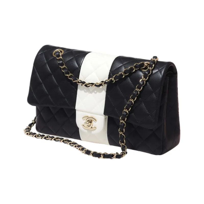 CHANEL Classic Flap CF Twill Soft Woolen Flap Bag Crossbody Bag Women's Black White-1