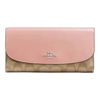 COACH Checkbook Wallet PVC Coated Canvas With Leather Wallet Women's Brown With Pink